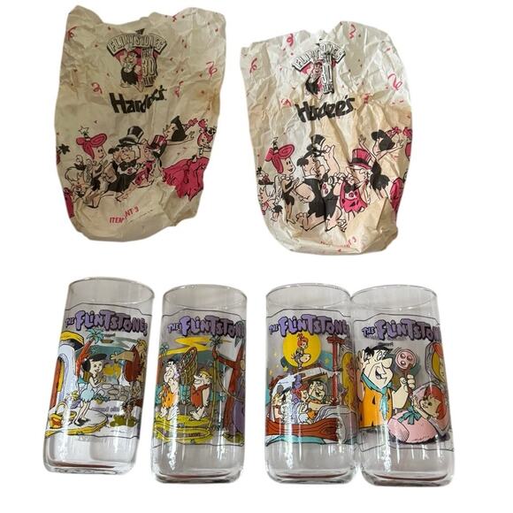 VTG 1991 The Flintstones Hardees Glasses + 2 Original Bags 30 Years Complete Set - Picture 1 of 5